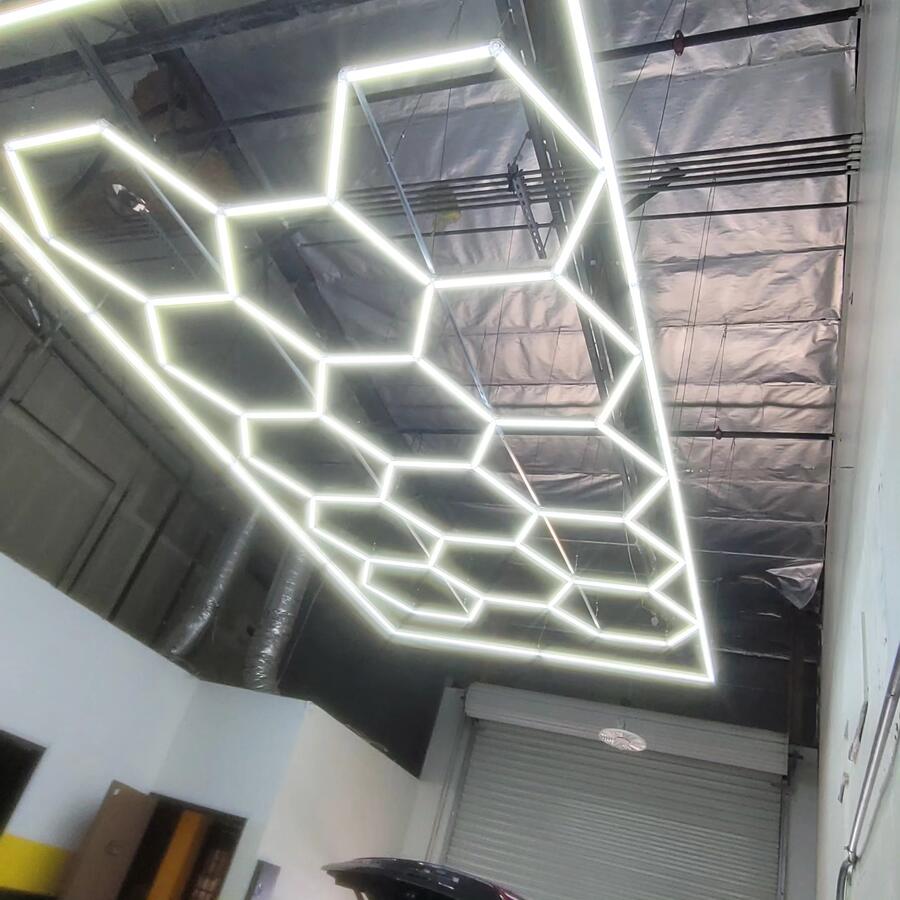 Hexagon LED lighting in a detailing shop